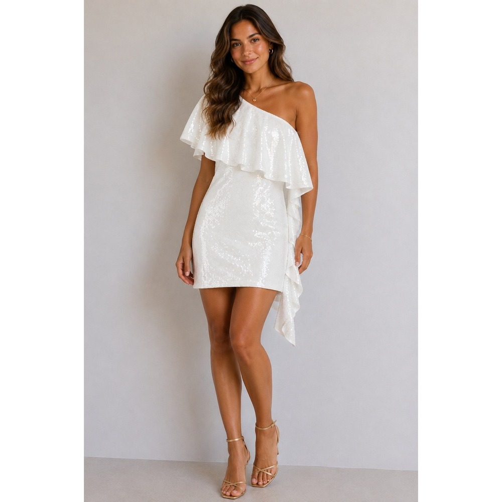 Mac Duggal Sequin‎ One Shoulder Ruffle Mini Dress Wedding Bridal Bachelorette